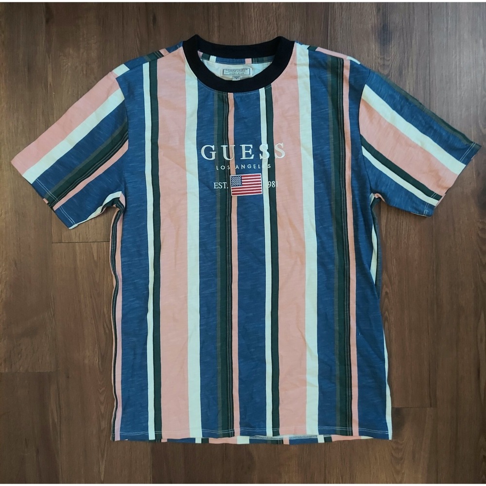 David Sayer Guess Striped Short Sleeve Embroidered Shirt Size Small